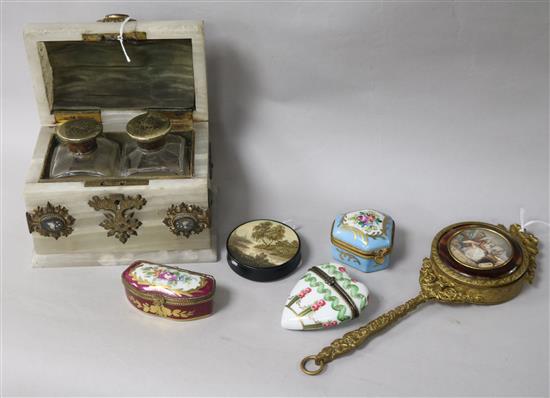 A Victorian mosaic and alabaster two-bottle scent casket, three small porcelain boxes, a Russian snuff box and a small hand mirror (6)